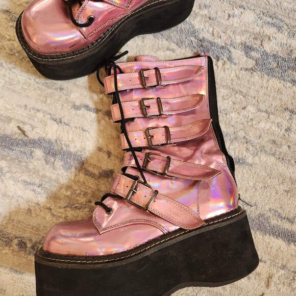 Demonia pink iridescent holographic platform combat boots size 10 - Picture 4 of 12